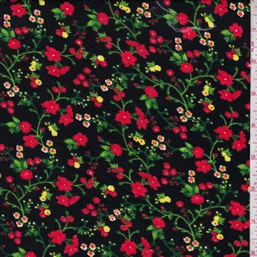 1 YD PC-Black/Red Mini Floral Double Brushed Jersey Knit Fabric