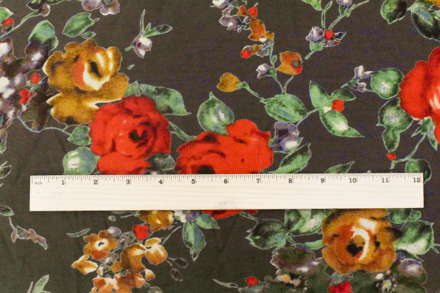 2 YD PC-Mud Brown-Green-Multi Floral Printed Poly-Cotton Shirting Woven Fabric