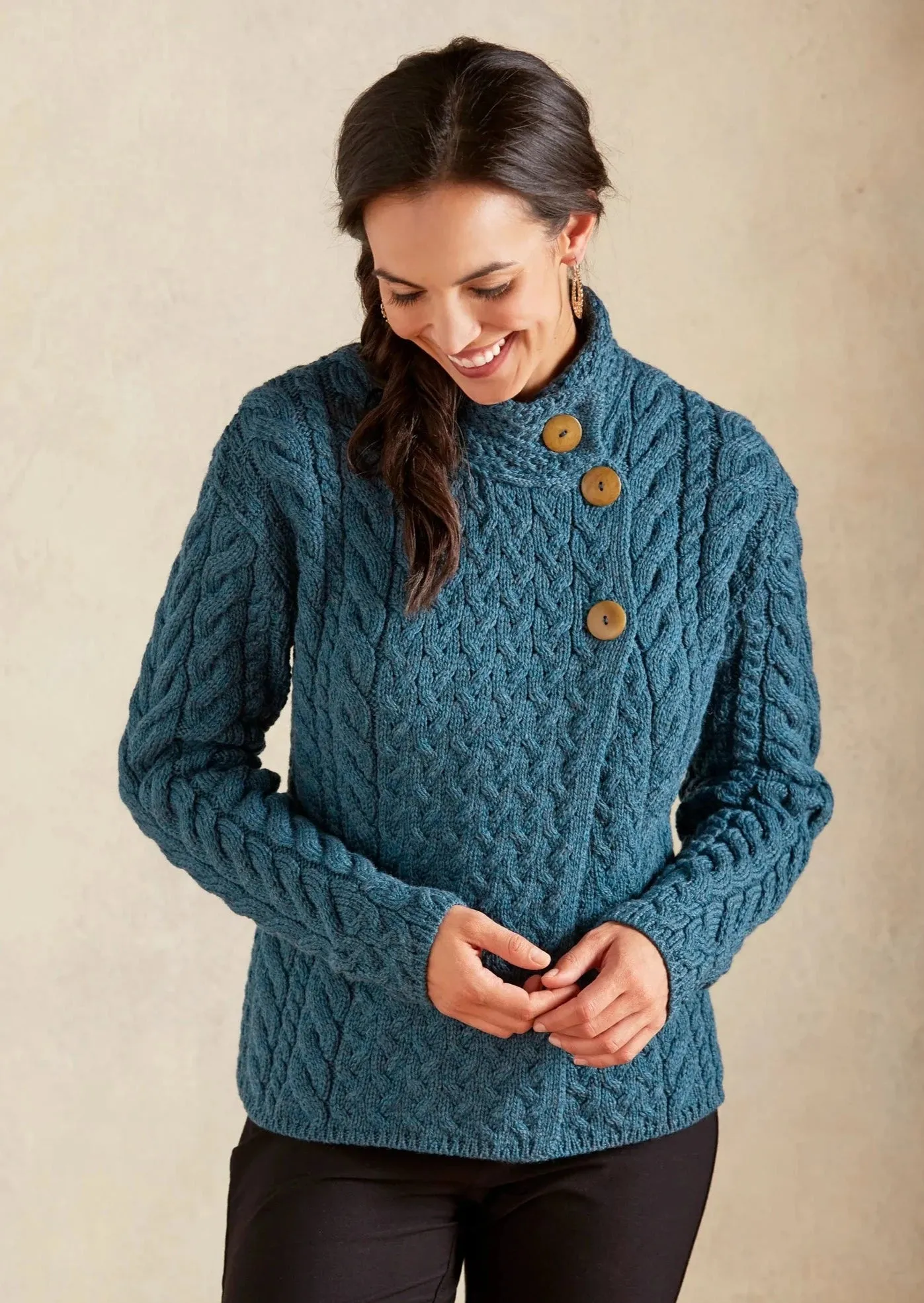 Aran 3 Buttons Trellis Cardigan | Irish Sea