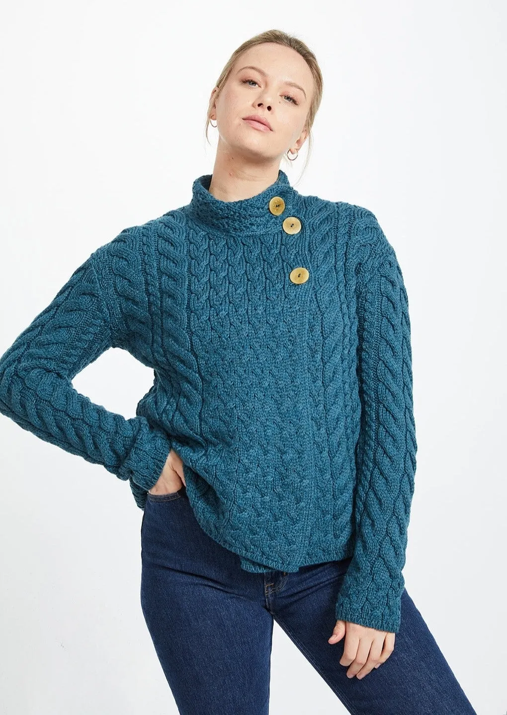 Aran 3 Buttons Trellis Cardigan | Irish Sea