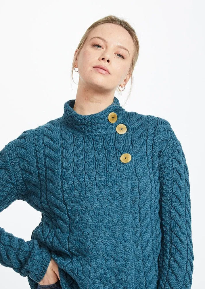 Aran 3 Buttons Trellis Cardigan | Irish Sea