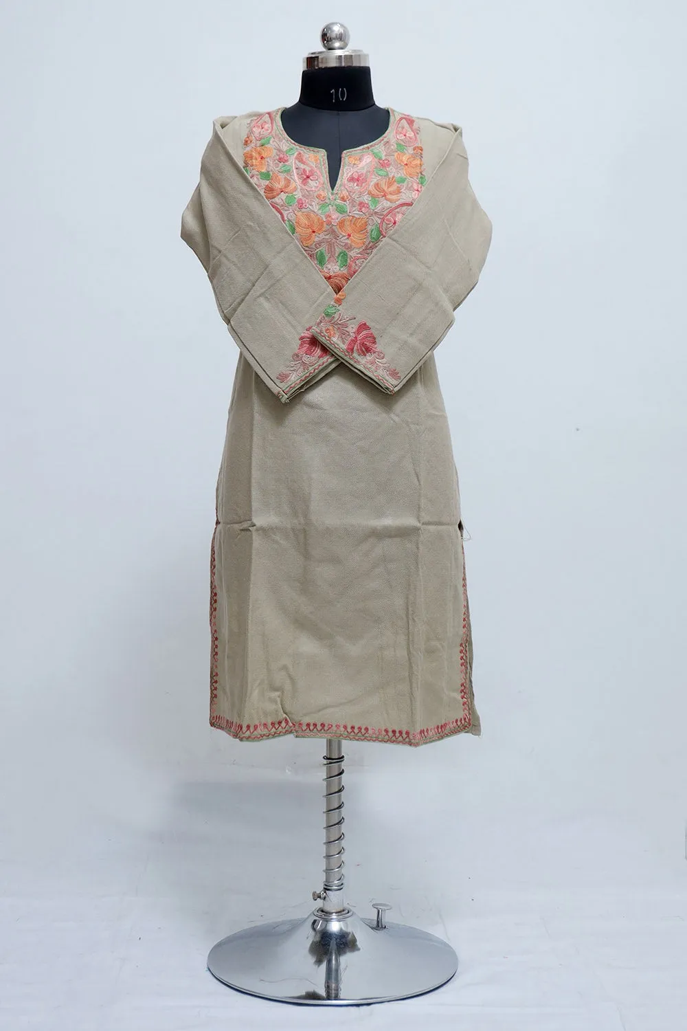 Beige Kashmir Aari Work Designer  Embroidered Woollen Kurti