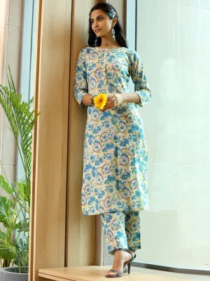 Beige Printed Cotton Straight Kurta Set