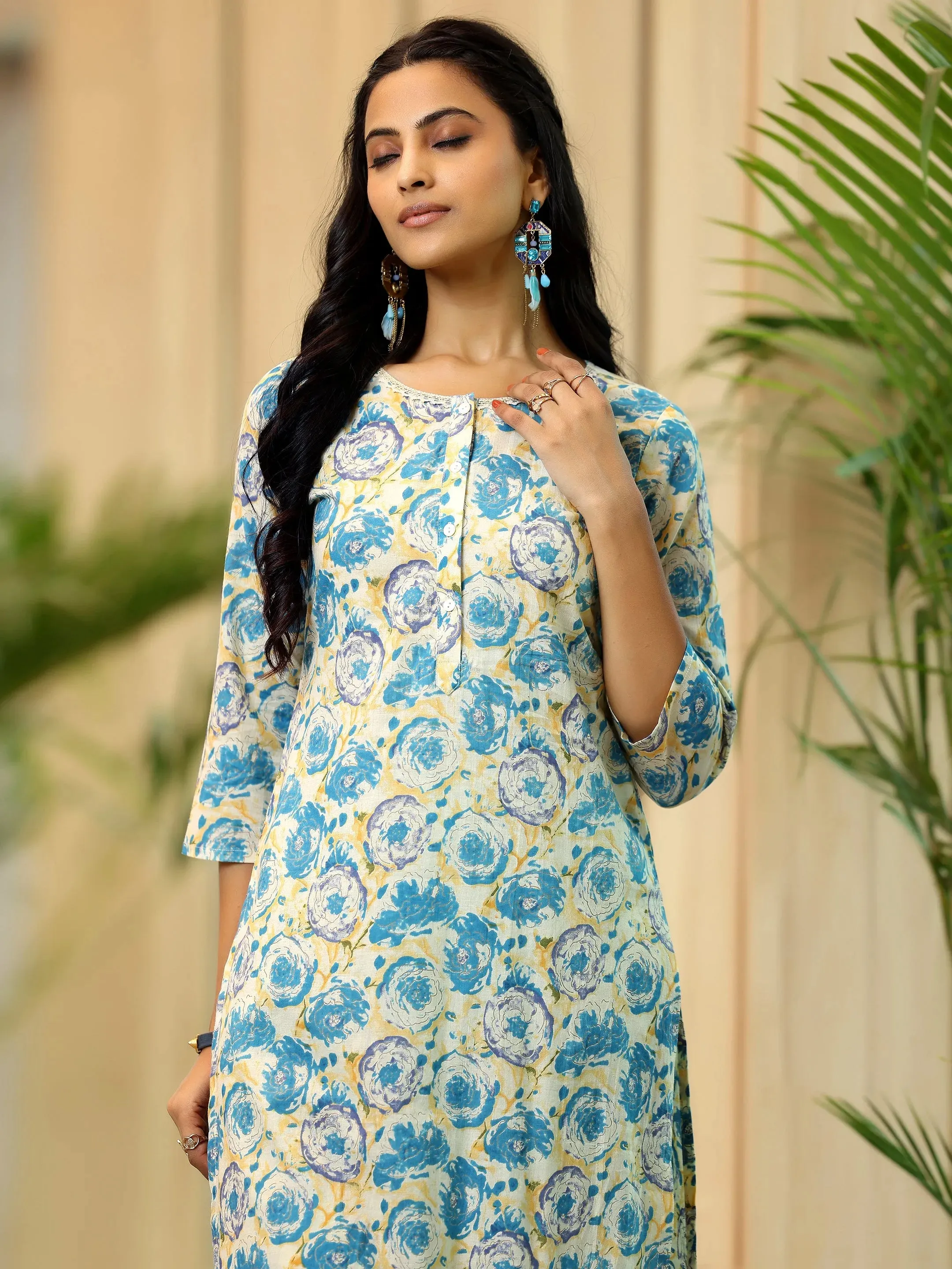 Beige Printed Cotton Straight Kurta Set