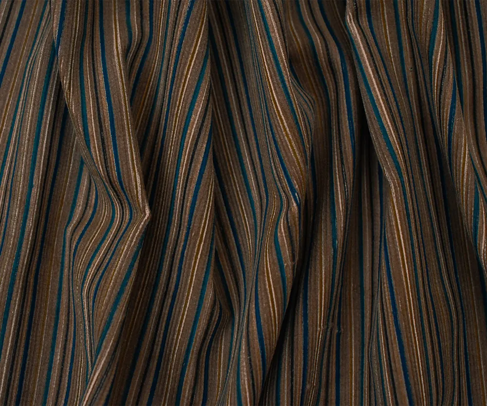 Brown-Blue-Multi Polyester Stripe Printed Corduroy Woven Fabric