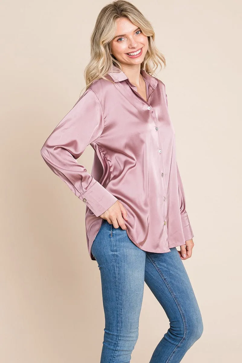 Collared Satin Button Down Blouse Shirts