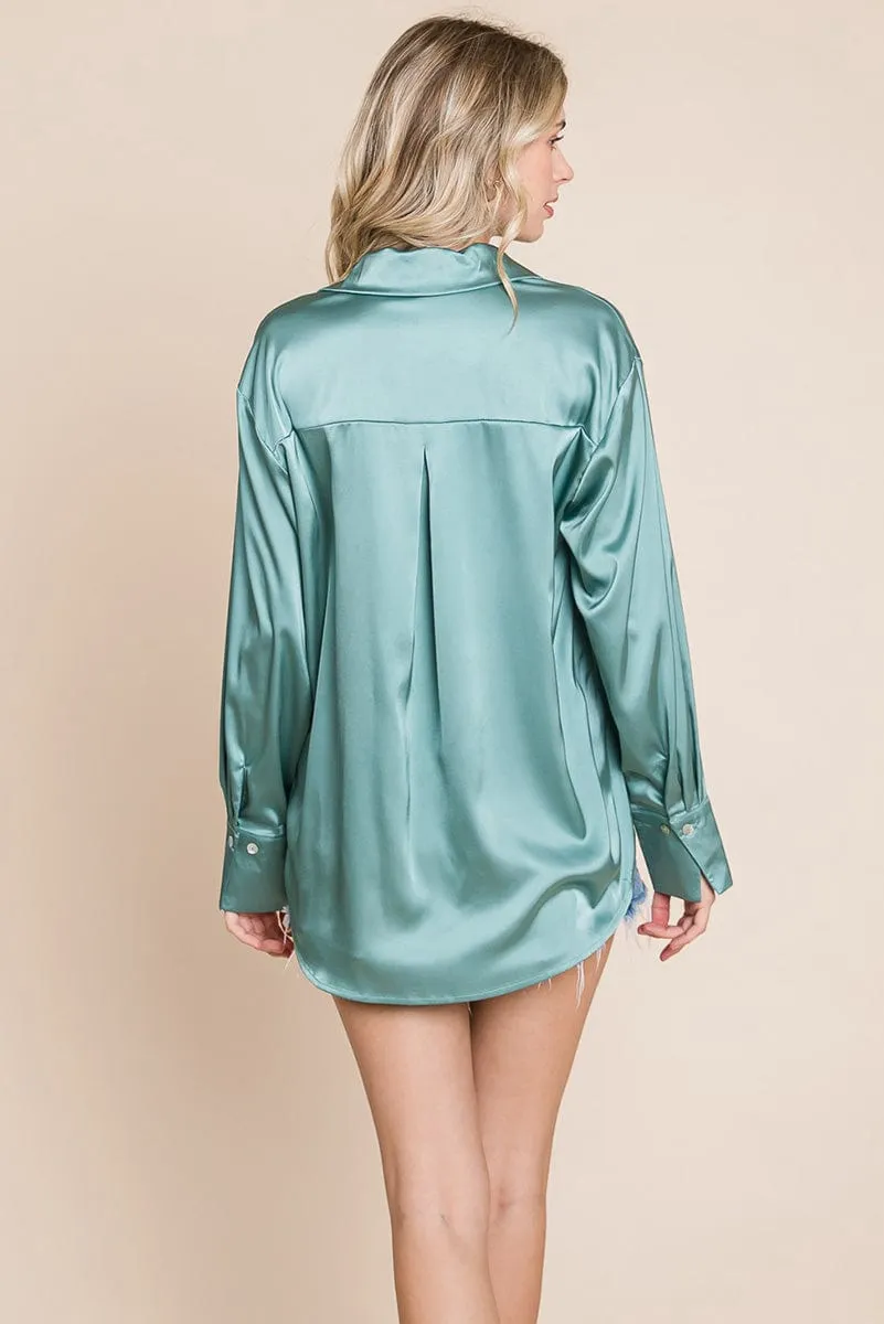 Collared Satin Button Down Blouse Shirts