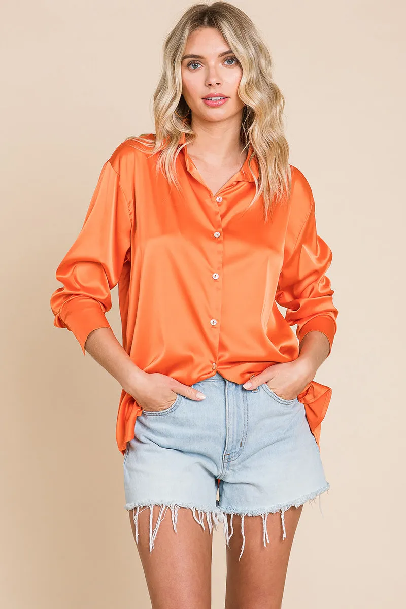 Collared Satin Button Down Blouse Shirts