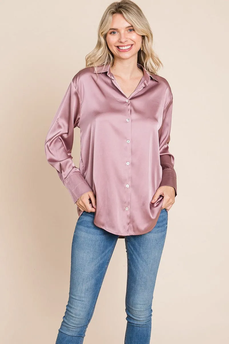 Collared Satin Button Down Blouse Shirts