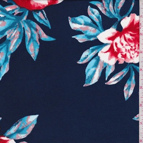 Dark Navy/Red Floral Double Brushed Jersey Knit Fabric