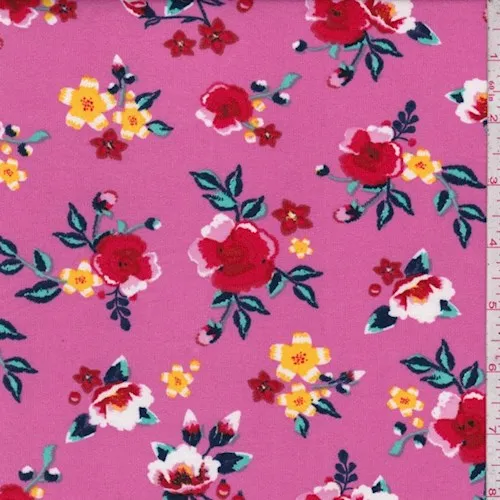 Hot Pink Vibrant Floral Double Brushed Jersey Knit Fabric