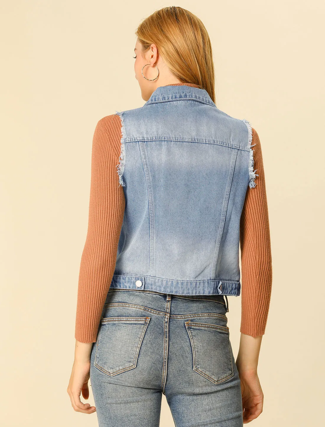 Lapel Button Closure Sleeveless Washed Distressed Denim Vest