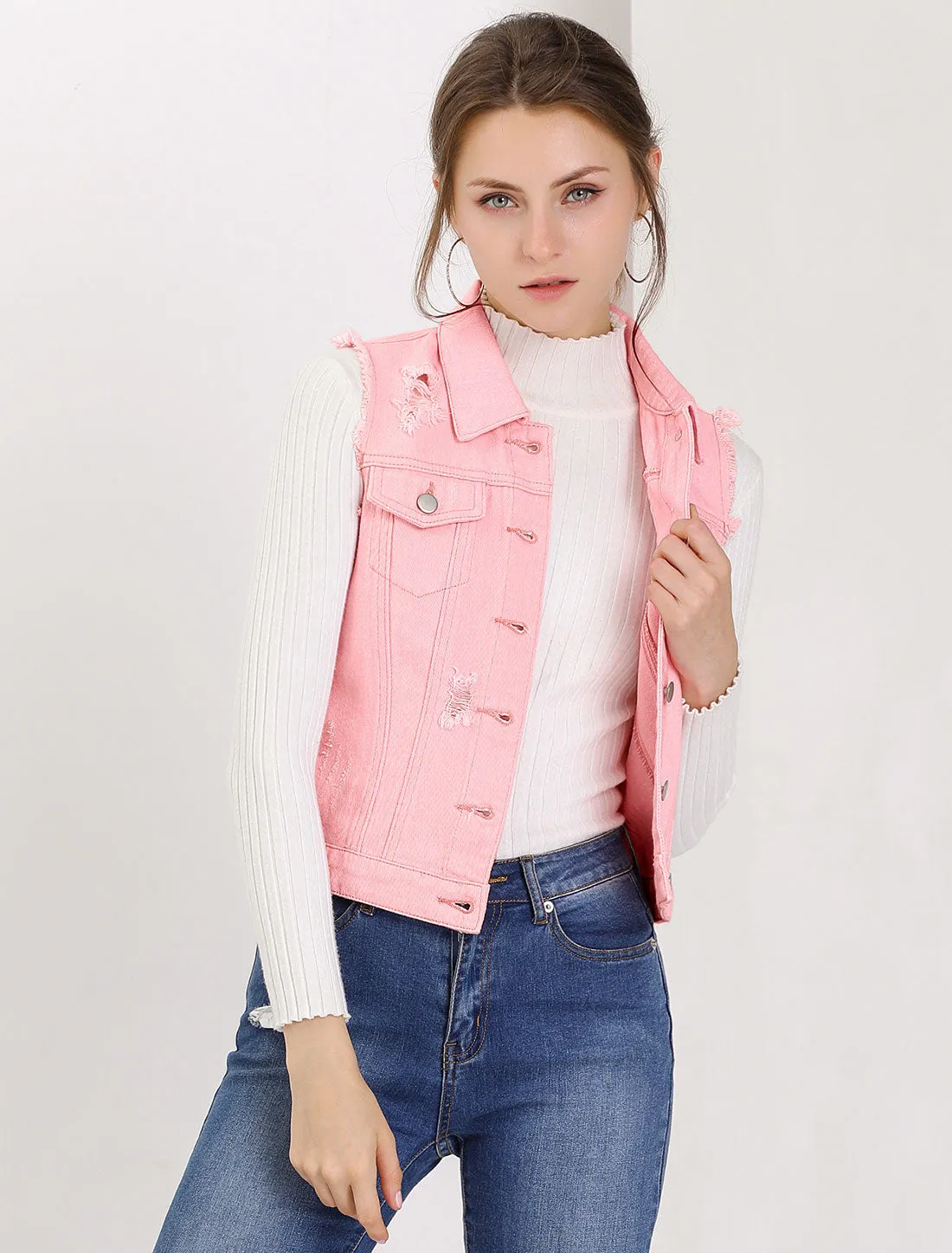 Lapel Button Closure Sleeveless Washed Distressed Denim Vest