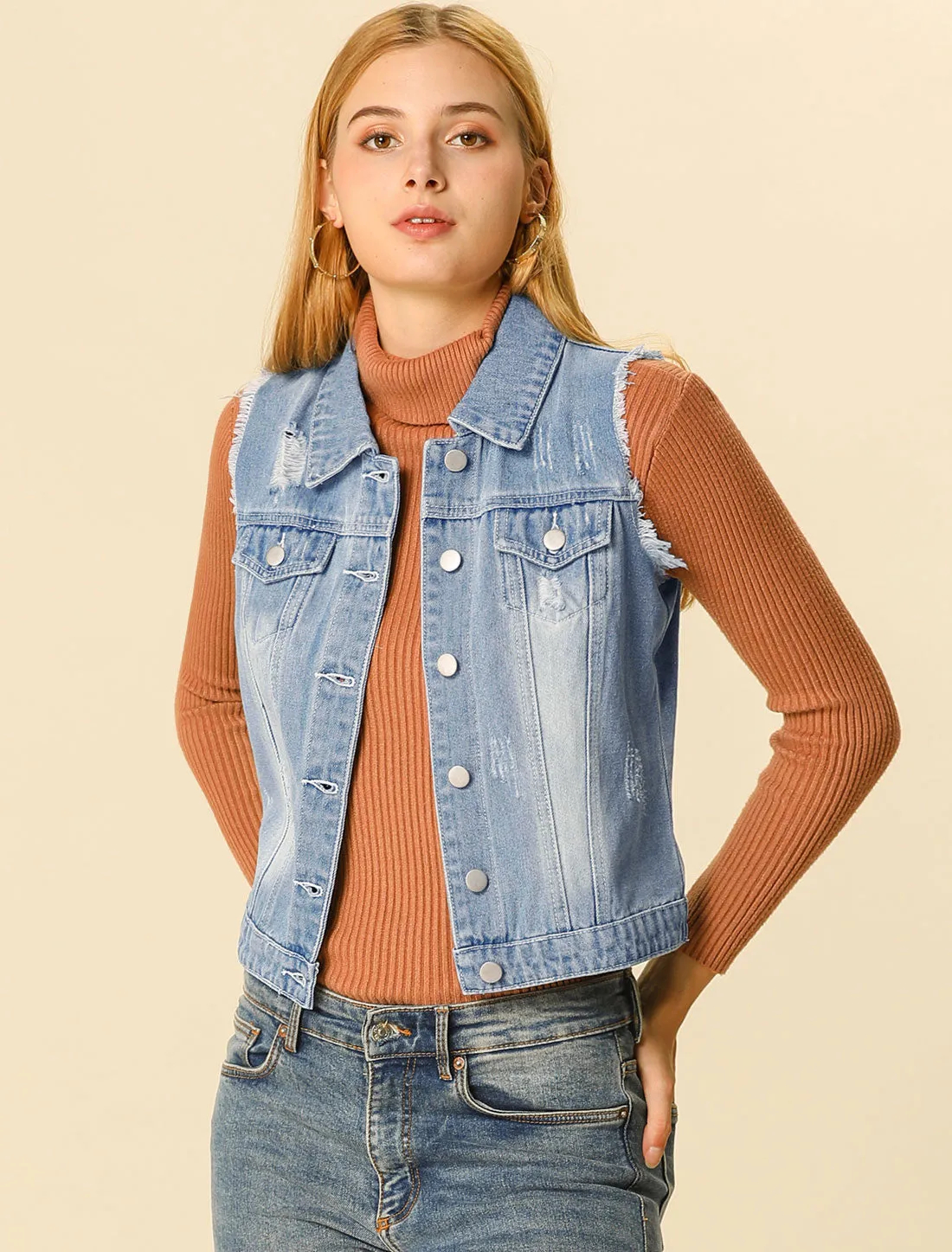 Lapel Button Closure Sleeveless Washed Distressed Denim Vest