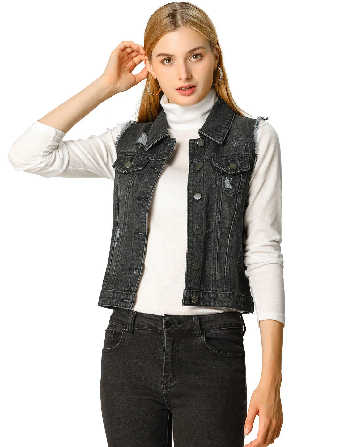 Lapel Button Closure Sleeveless Washed Distressed Denim Vest