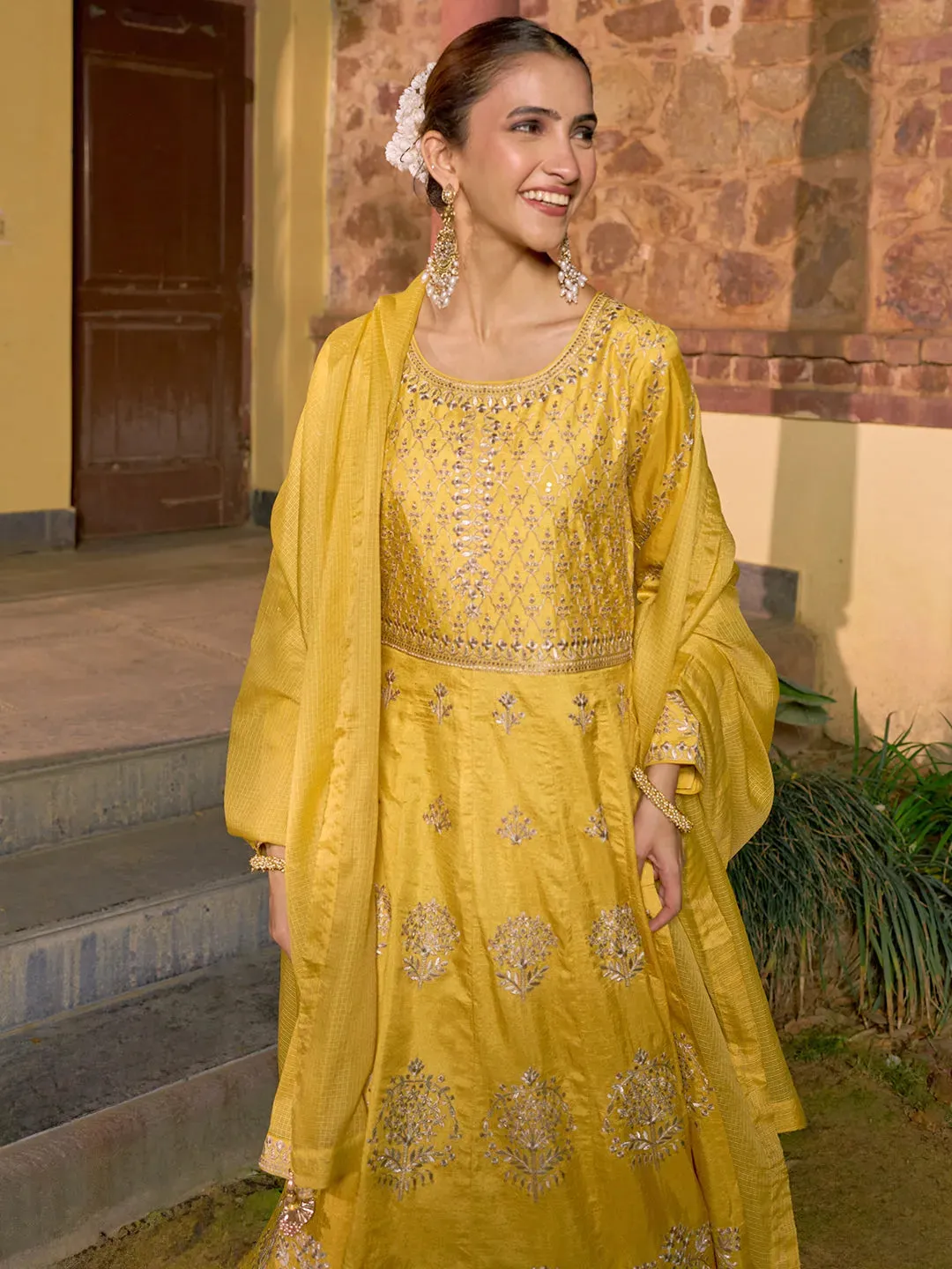 Libas Art Yellow Embroidered Silk A-Line Kurta With Trousers & Dupatta