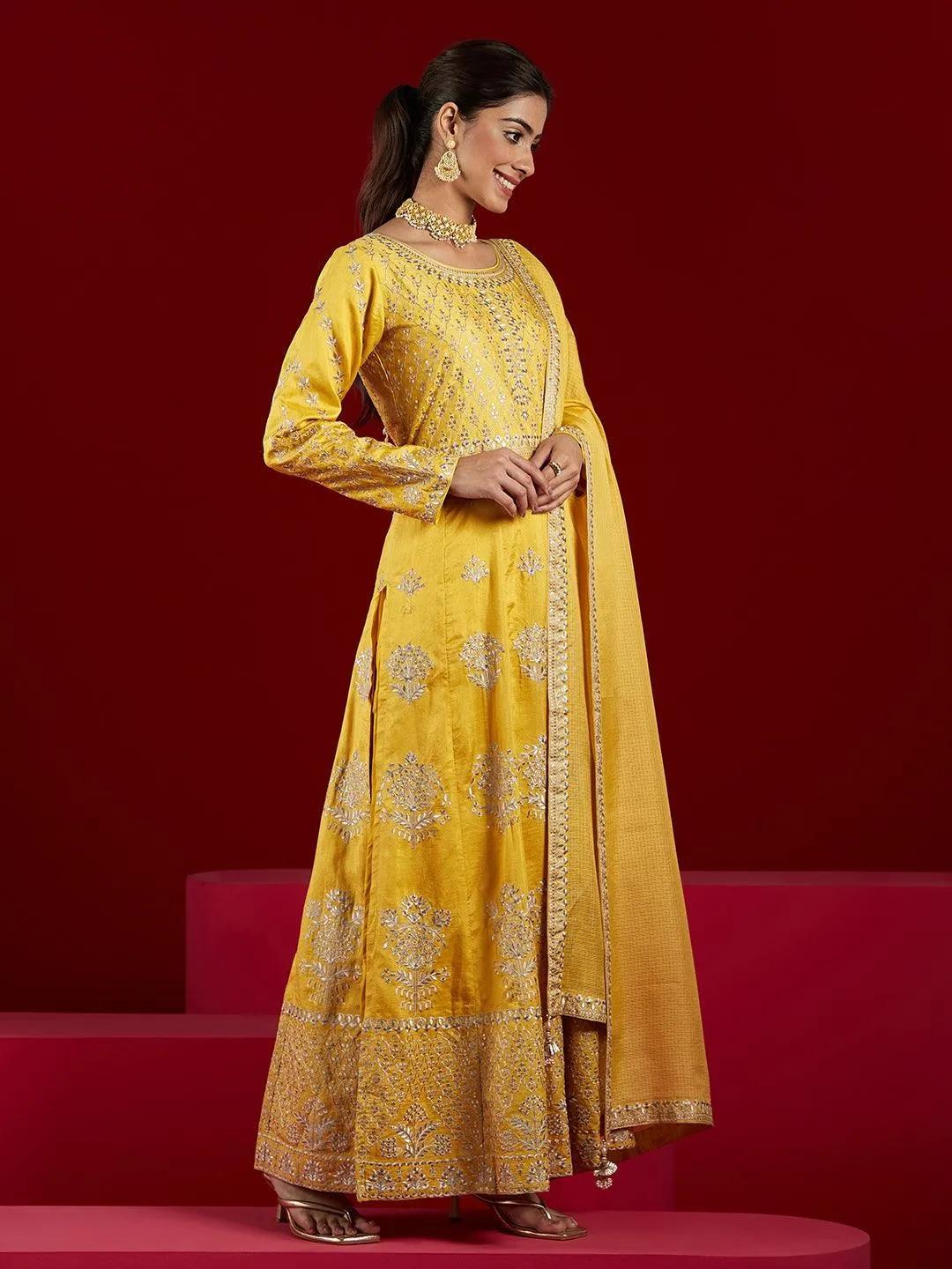 Libas Art Yellow Embroidered Silk A-Line Kurta With Trousers & Dupatta