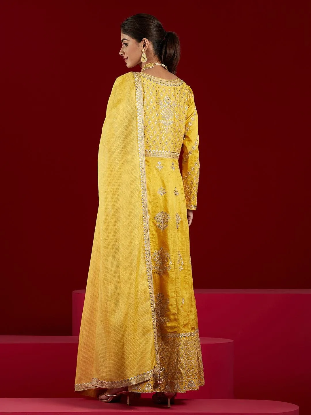 Libas Art Yellow Embroidered Silk A-Line Kurta With Trousers & Dupatta