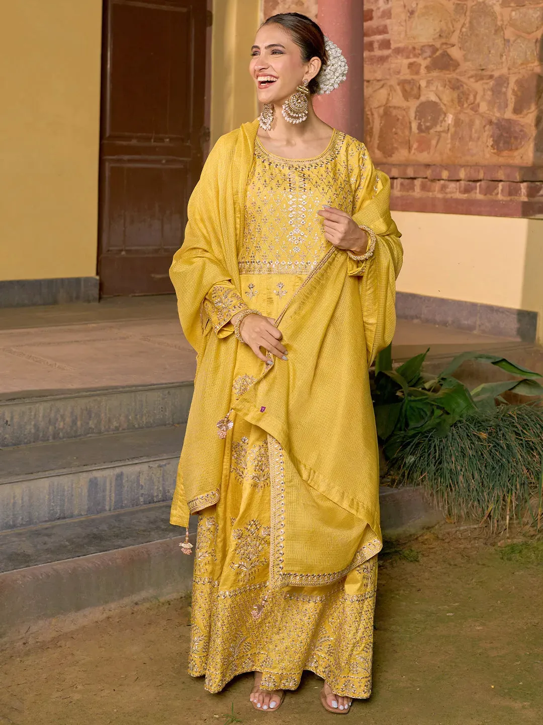 Libas Art Yellow Embroidered Silk A-Line Kurta With Trousers & Dupatta