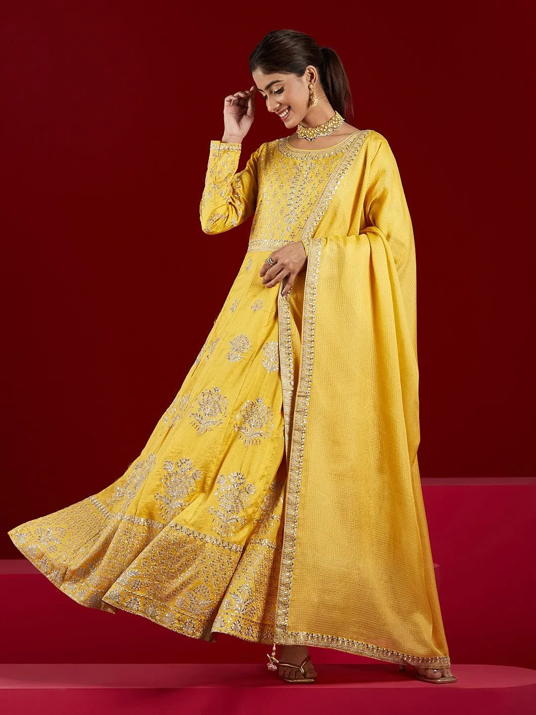 Libas Art Yellow Embroidered Silk A-Line Kurta With Trousers & Dupatta