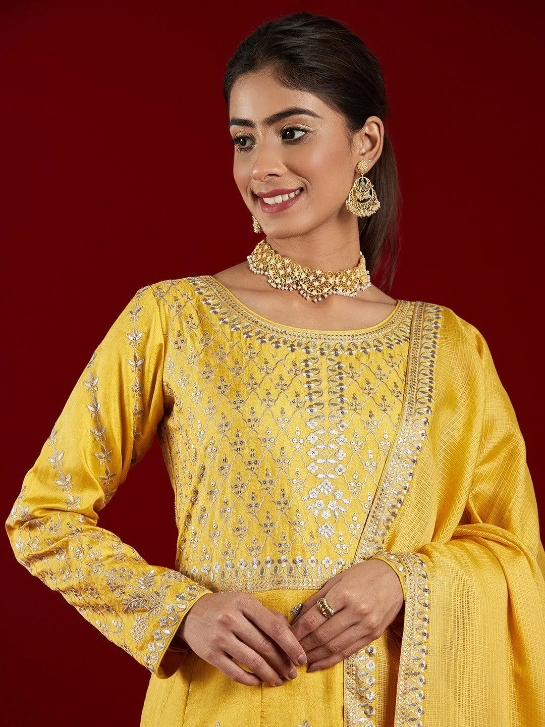 Libas Art Yellow Embroidered Silk A-Line Kurta With Trousers & Dupatta