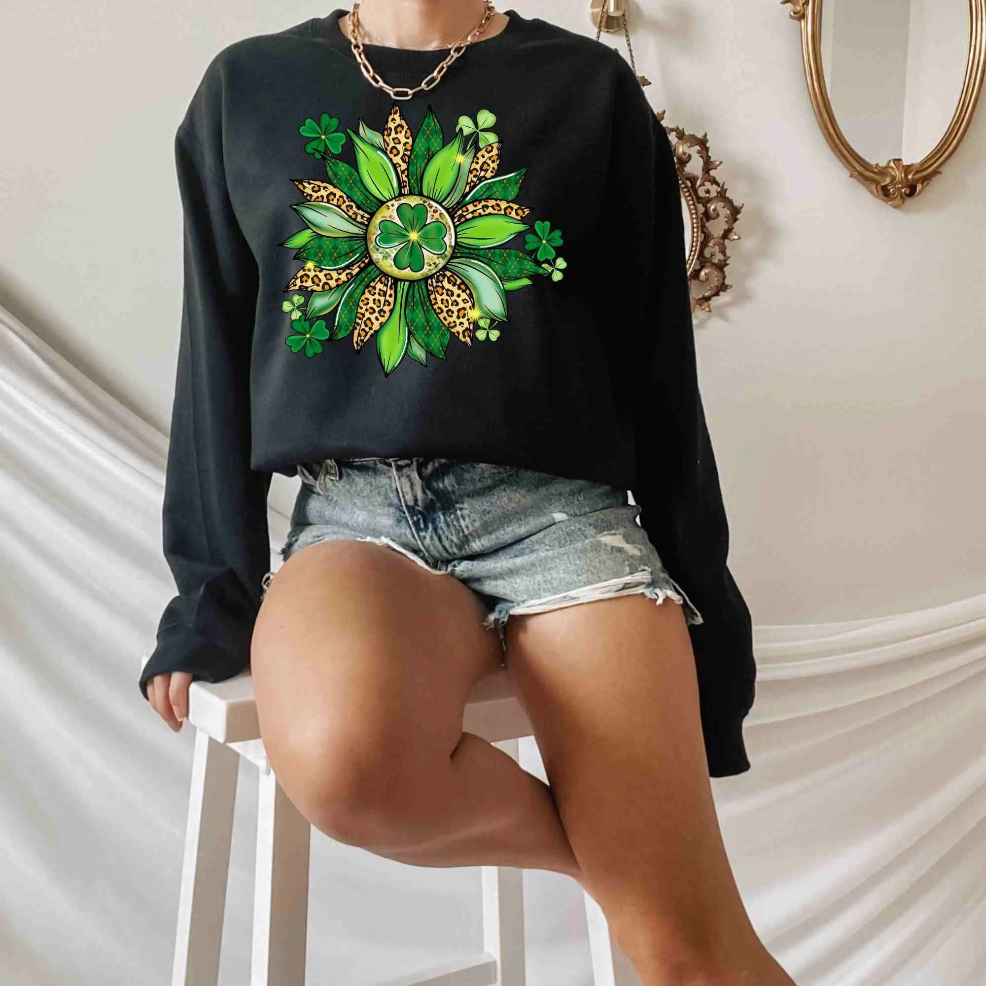 Lucky Sunflower St. Patrick's Day Shirt, Happy St. Patrick's Day Shirt, Cute Shamrock Lucky Clover Shirt for Women