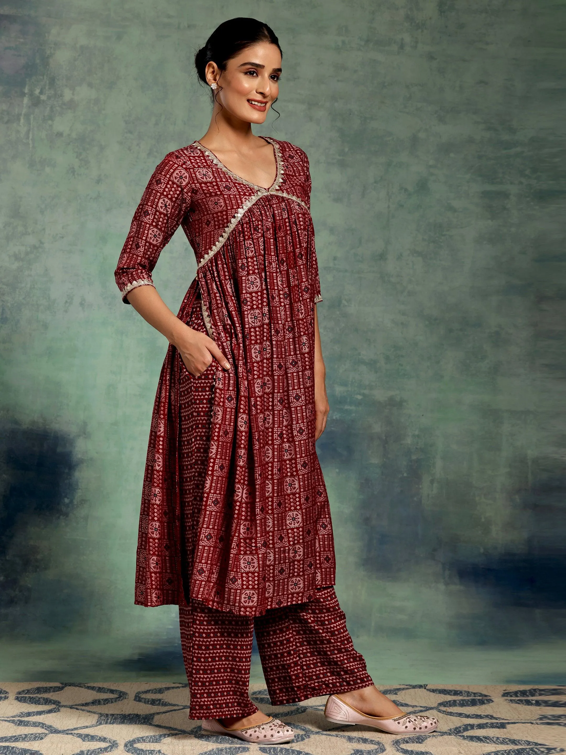 Maroon Printed Silk Blend A-Line Kurta With Palazzos & Dupatta