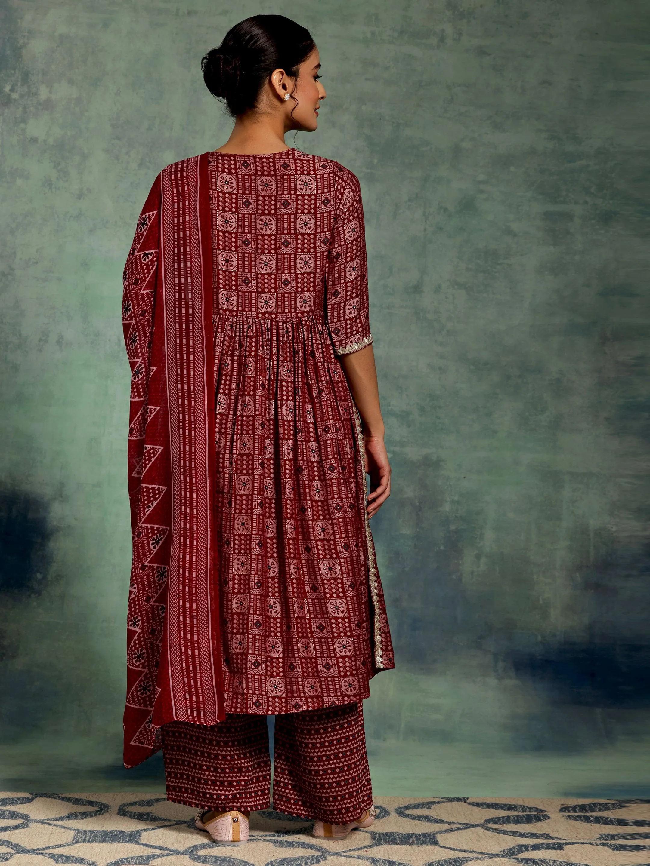 Maroon Printed Silk Blend A-Line Kurta With Palazzos & Dupatta