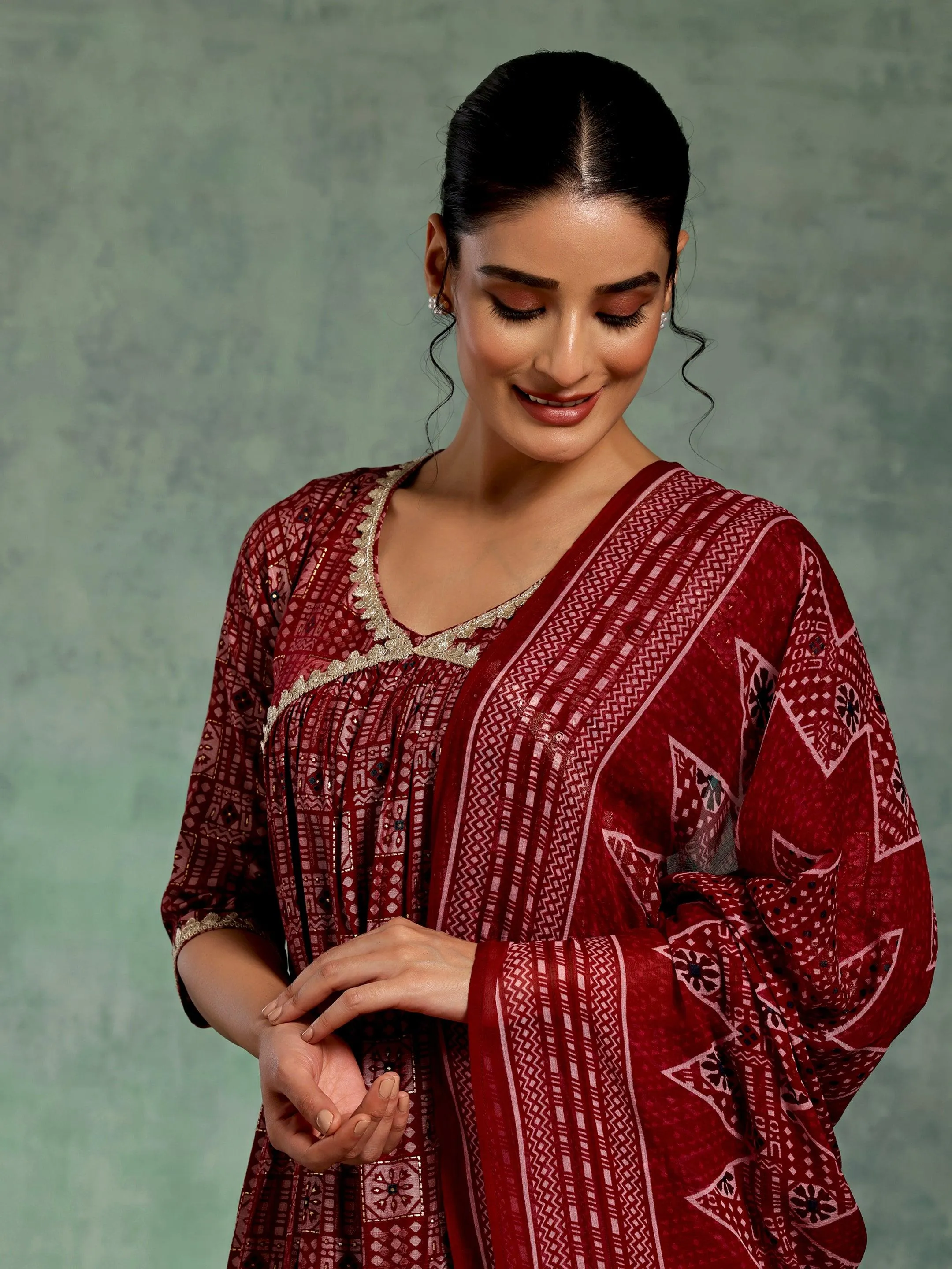 Maroon Printed Silk Blend A-Line Kurta With Palazzos & Dupatta