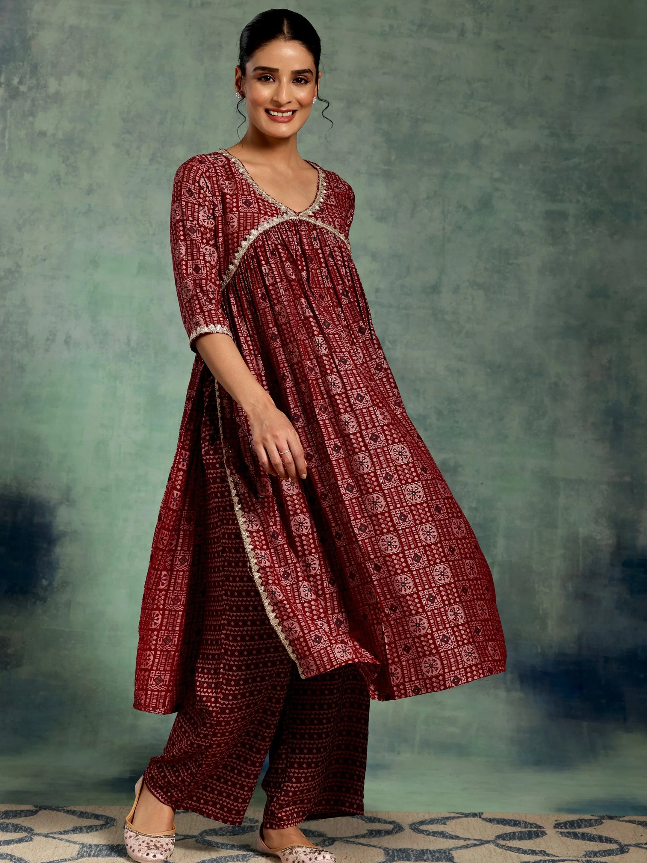 Maroon Printed Silk Blend A-Line Kurta With Palazzos & Dupatta