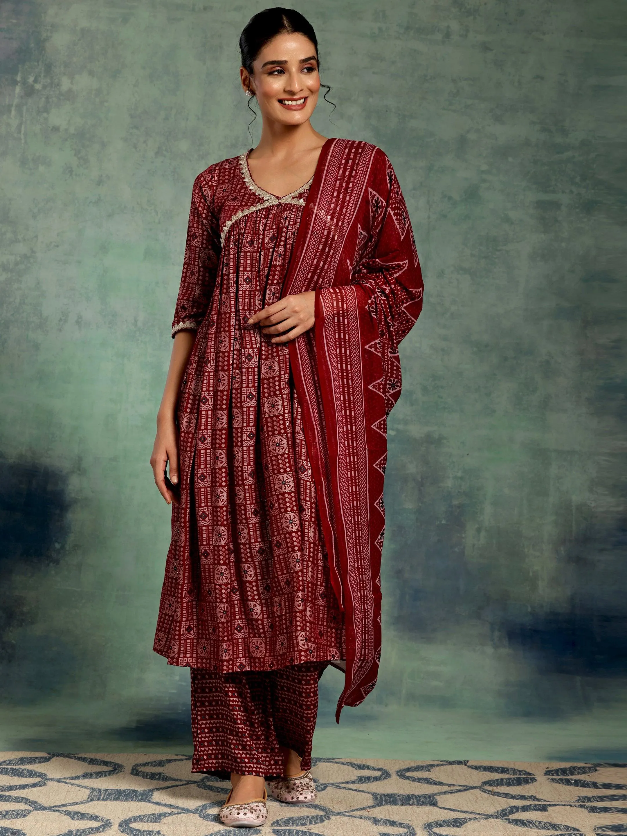 Maroon Printed Silk Blend A-Line Kurta With Palazzos & Dupatta