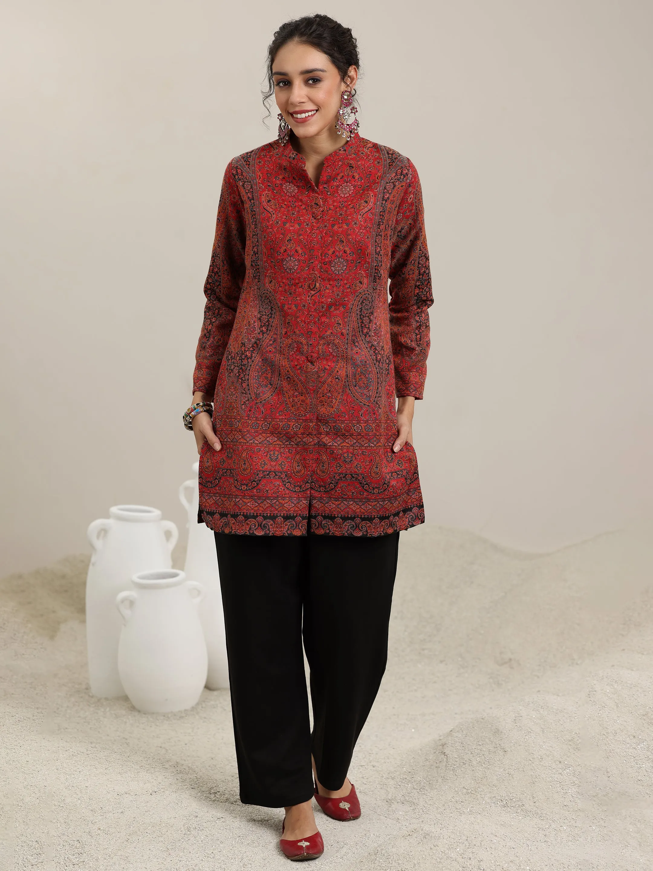 Multi Woven Design Wool Blend Straight Kurta With Palazzos