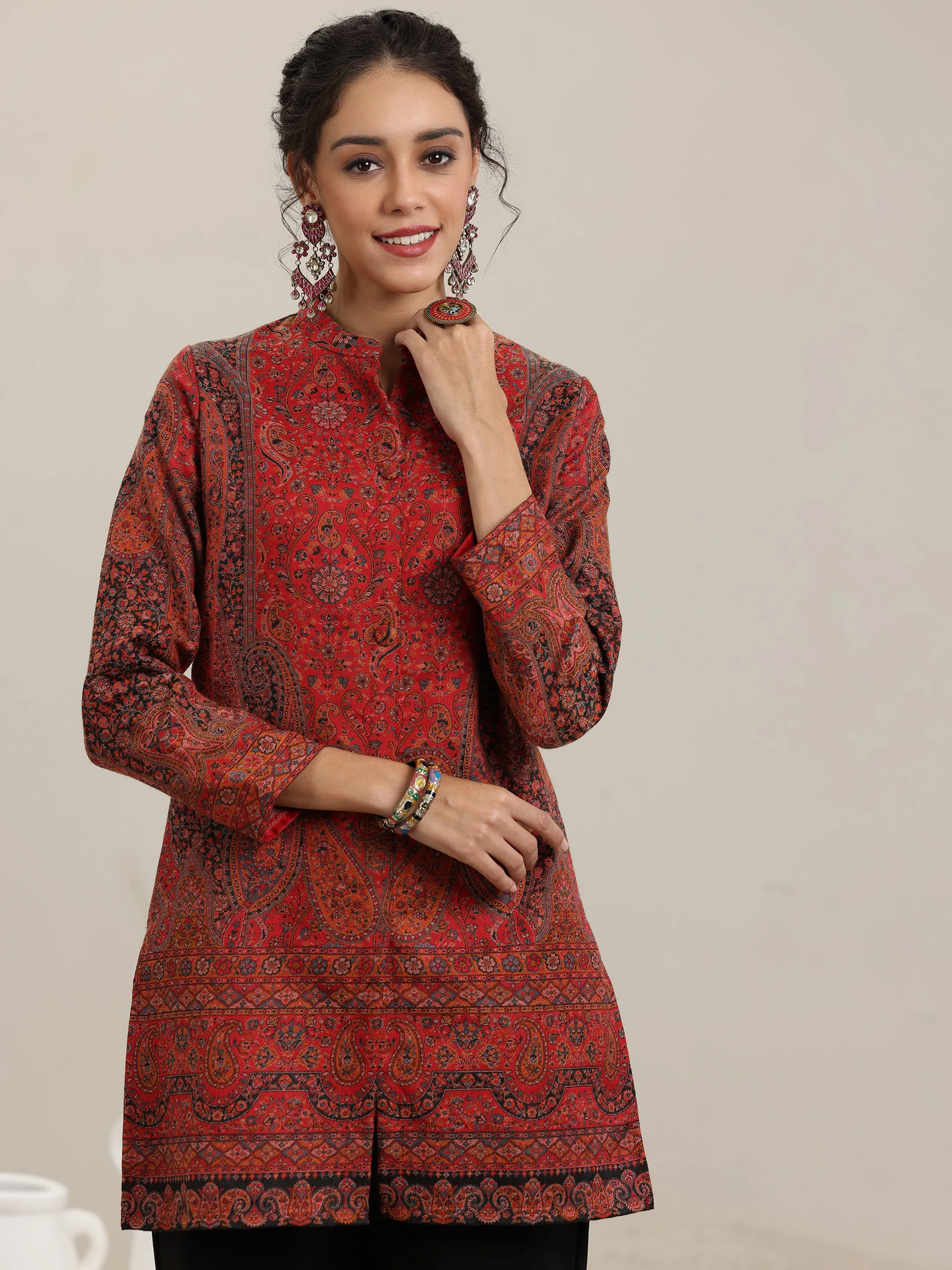 Multi Woven Design Wool Blend Straight Kurta With Palazzos