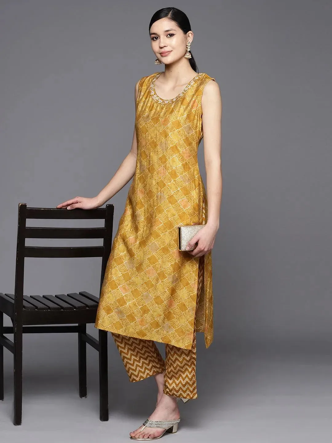 Mustard Printed Silk Blend Straight Kurta With Trousers