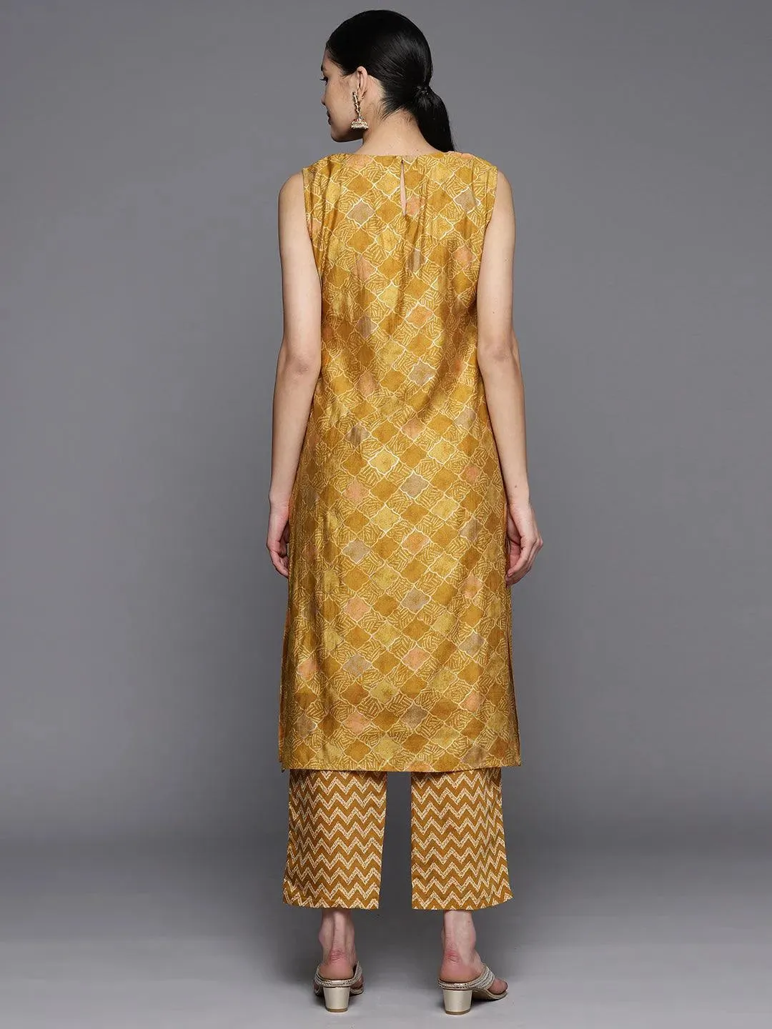 Mustard Printed Silk Blend Straight Kurta With Trousers