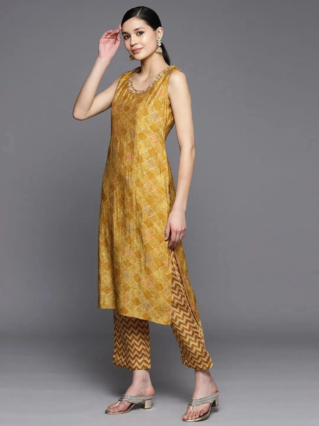 Mustard Printed Silk Blend Straight Kurta With Trousers