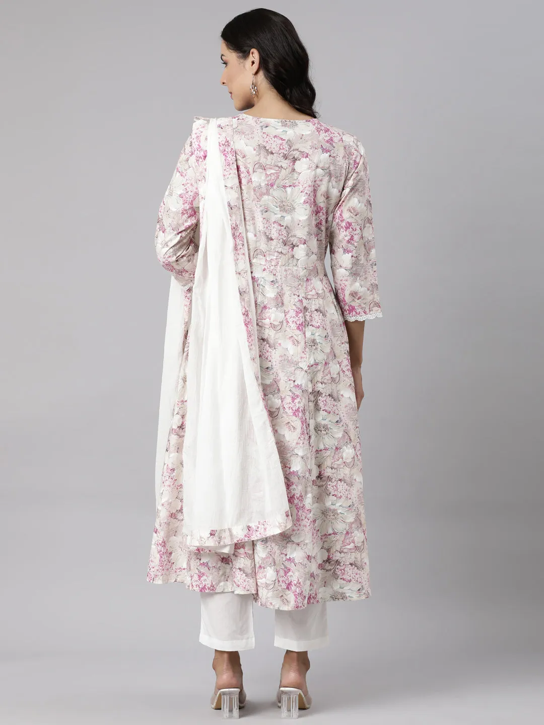 Neerus Beige Panelled Printed Kurta And Trousers With Dupatta