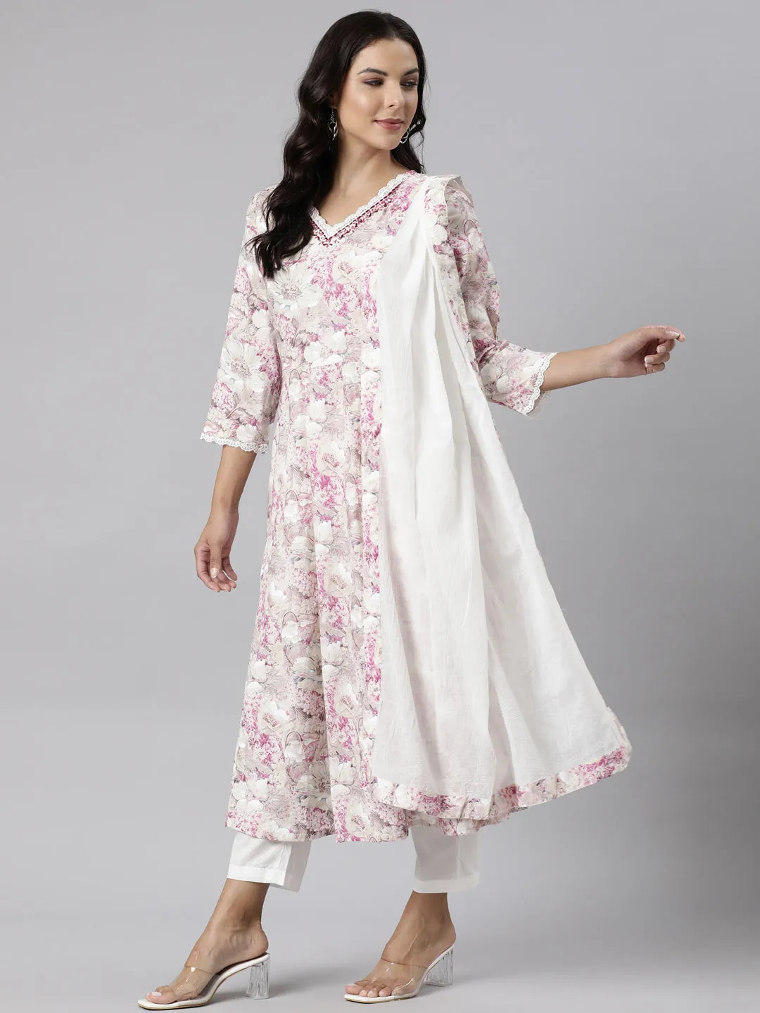 Neerus Beige Panelled Printed Kurta And Trousers With Dupatta