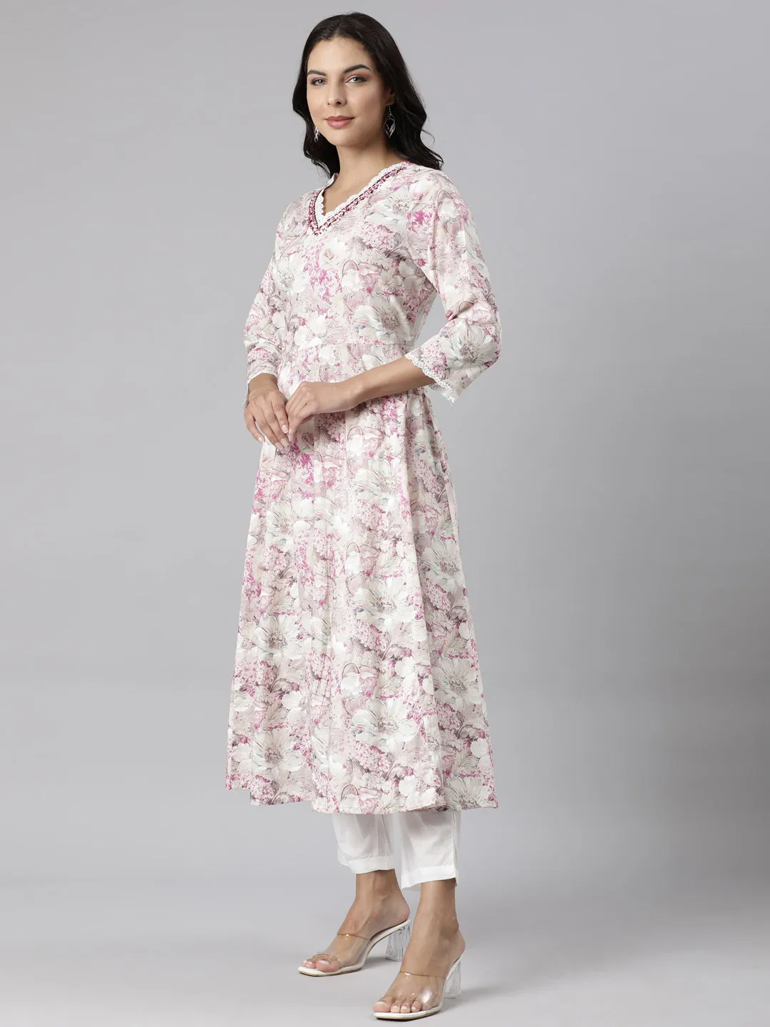 Neerus Beige Panelled Printed Kurta And Trousers With Dupatta