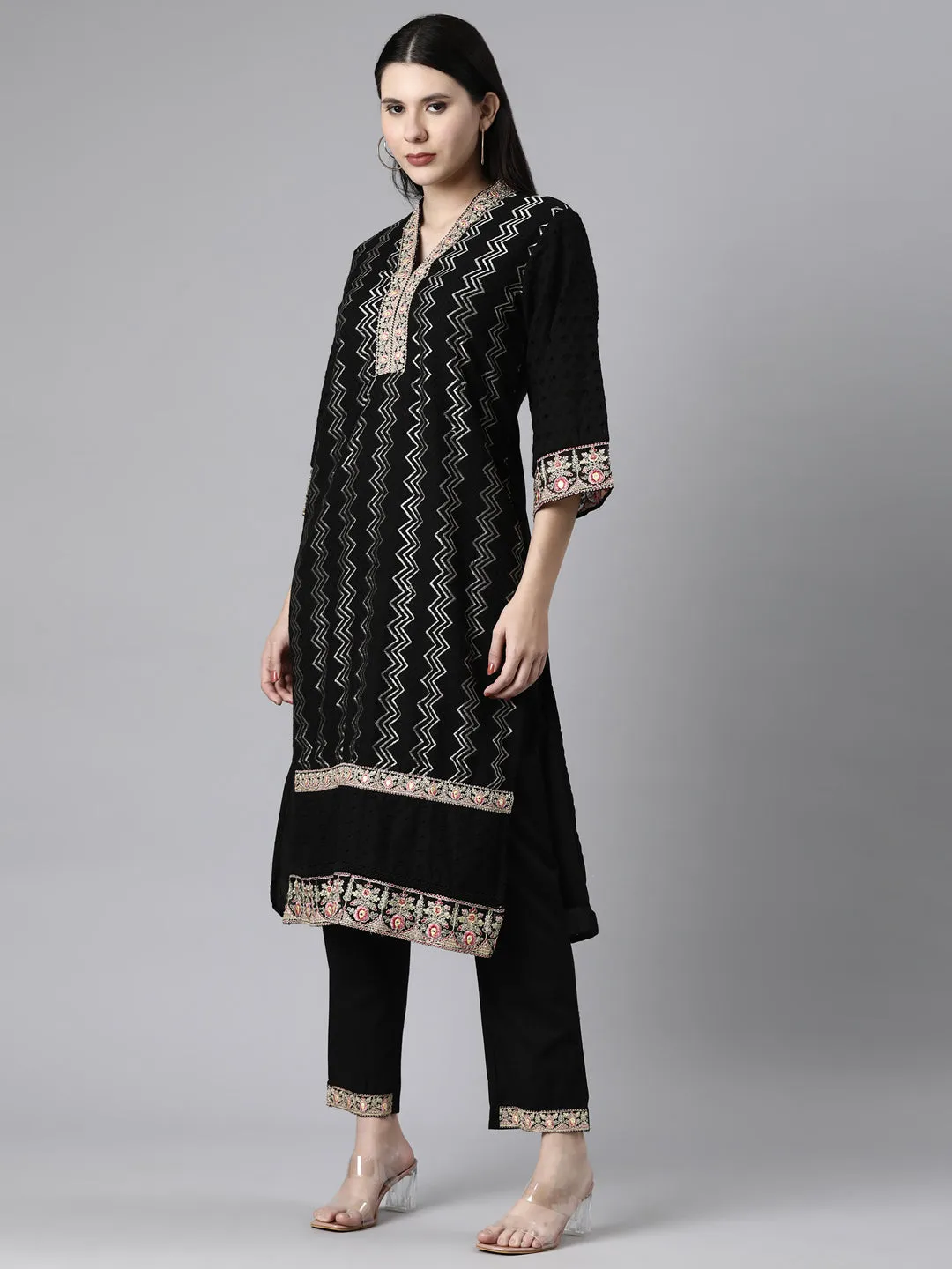 Neerus Black Casual Chevron Straight Kurta and Trousers With Dupatta