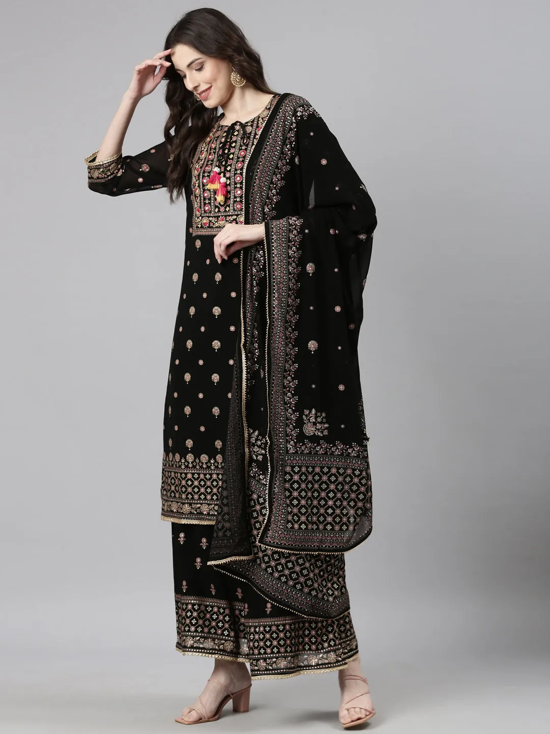 Neerus Black Casual Floral Straight Kurta and Palazzos With Dupatta