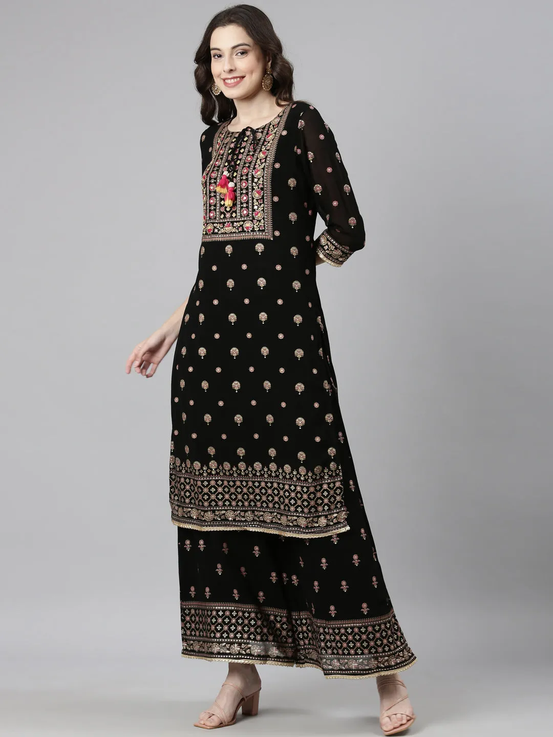 Neerus Black Casual Floral Straight Kurta and Palazzos With Dupatta