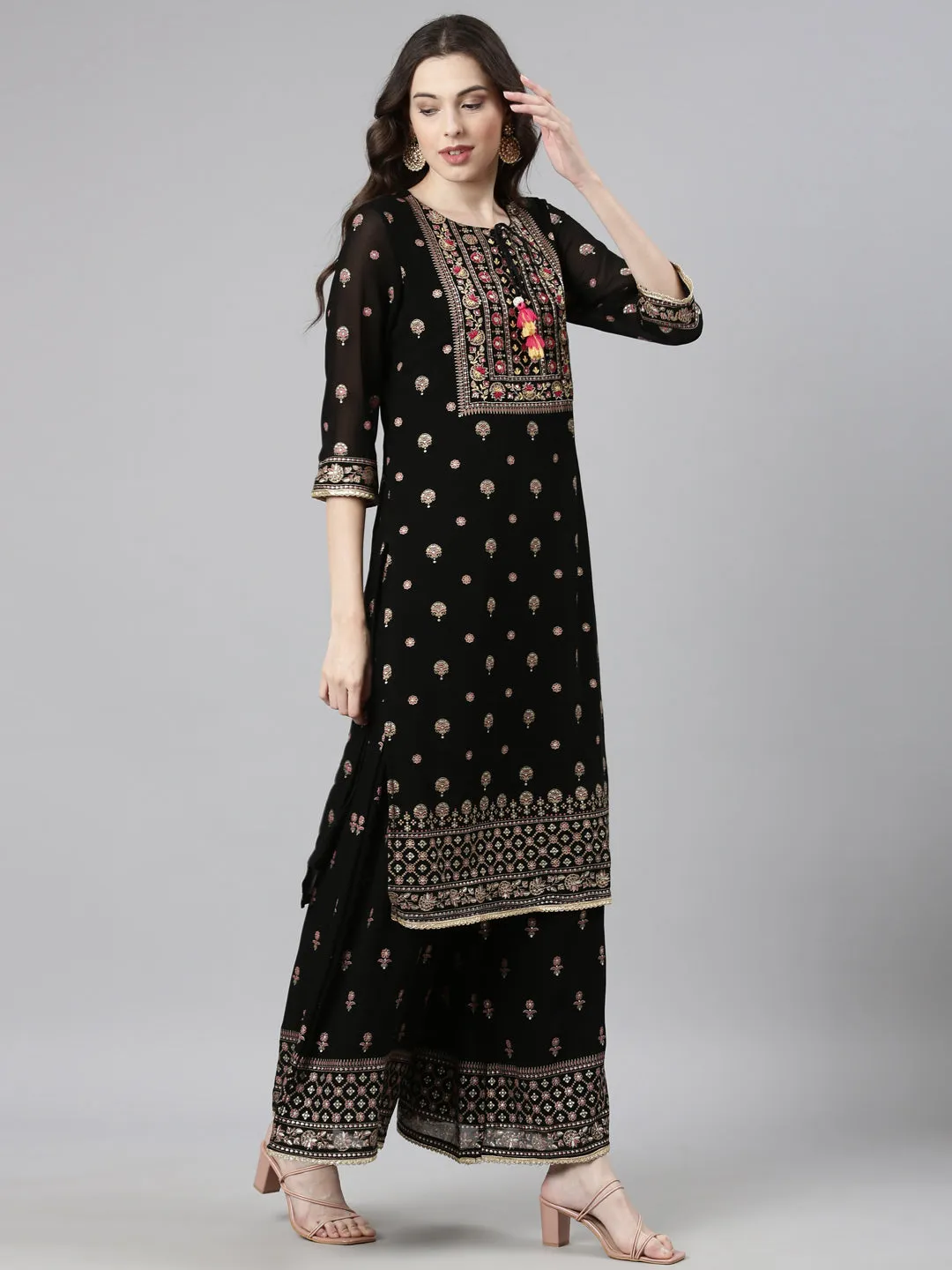 Neerus Black Casual Floral Straight Kurta and Palazzos With Dupatta