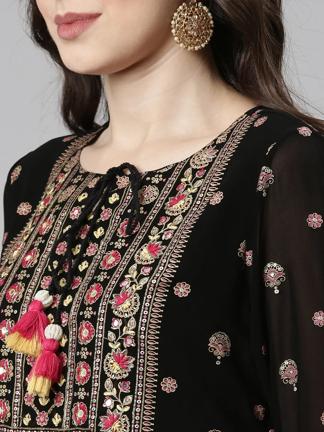 Neerus Black Casual Floral Straight Kurta and Palazzos With Dupatta