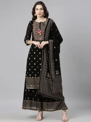 Neerus Black Casual Floral Straight Kurta and Palazzos With Dupatta