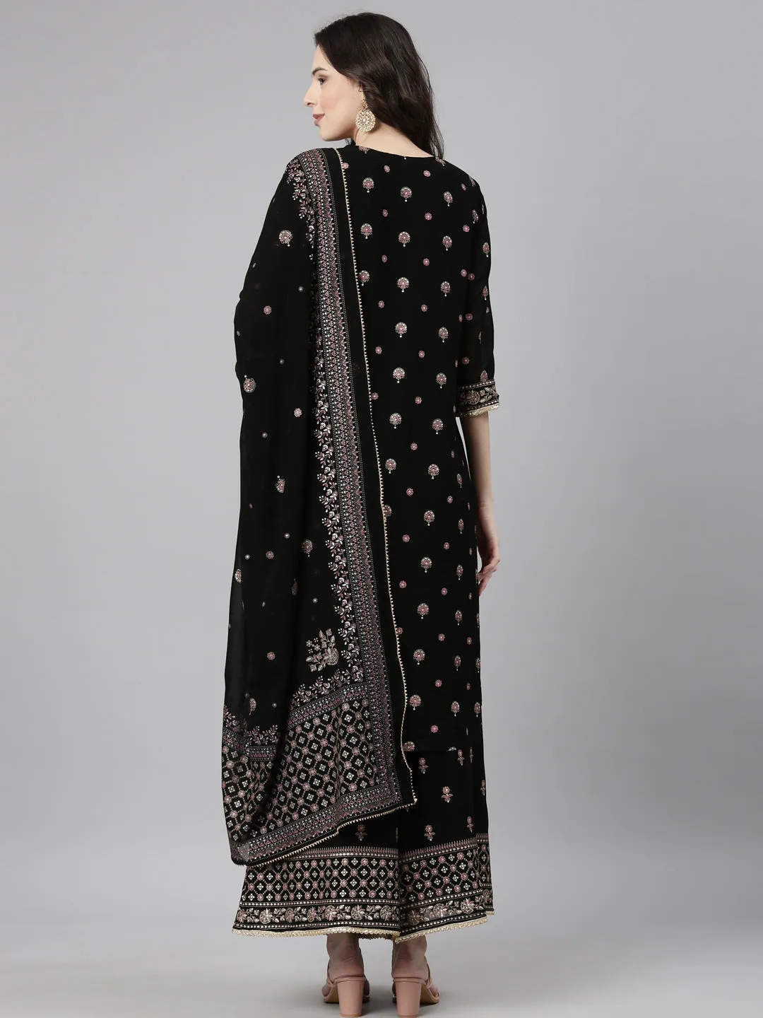 Neerus Black Casual Floral Straight Kurta and Palazzos With Dupatta