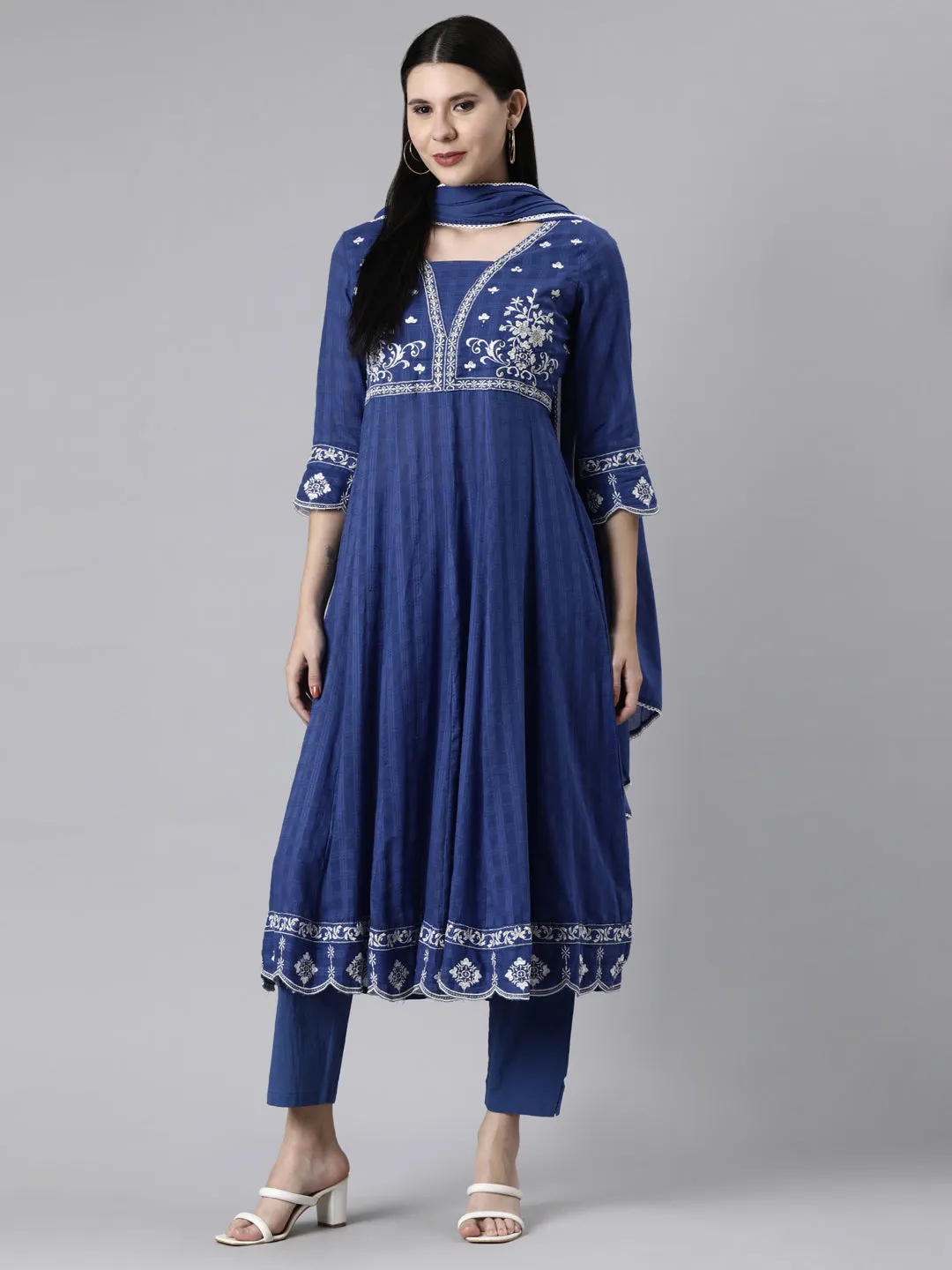 Neerus Blue Casual Solid Anarkali Kurta and Trousers With Dupatta