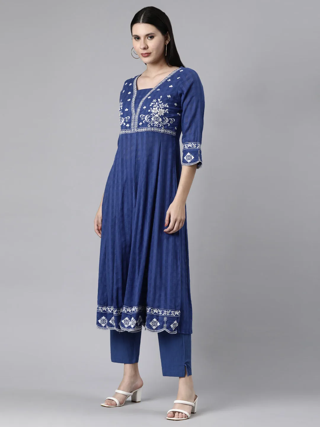 Neerus Blue Casual Solid Anarkali Kurta and Trousers With Dupatta