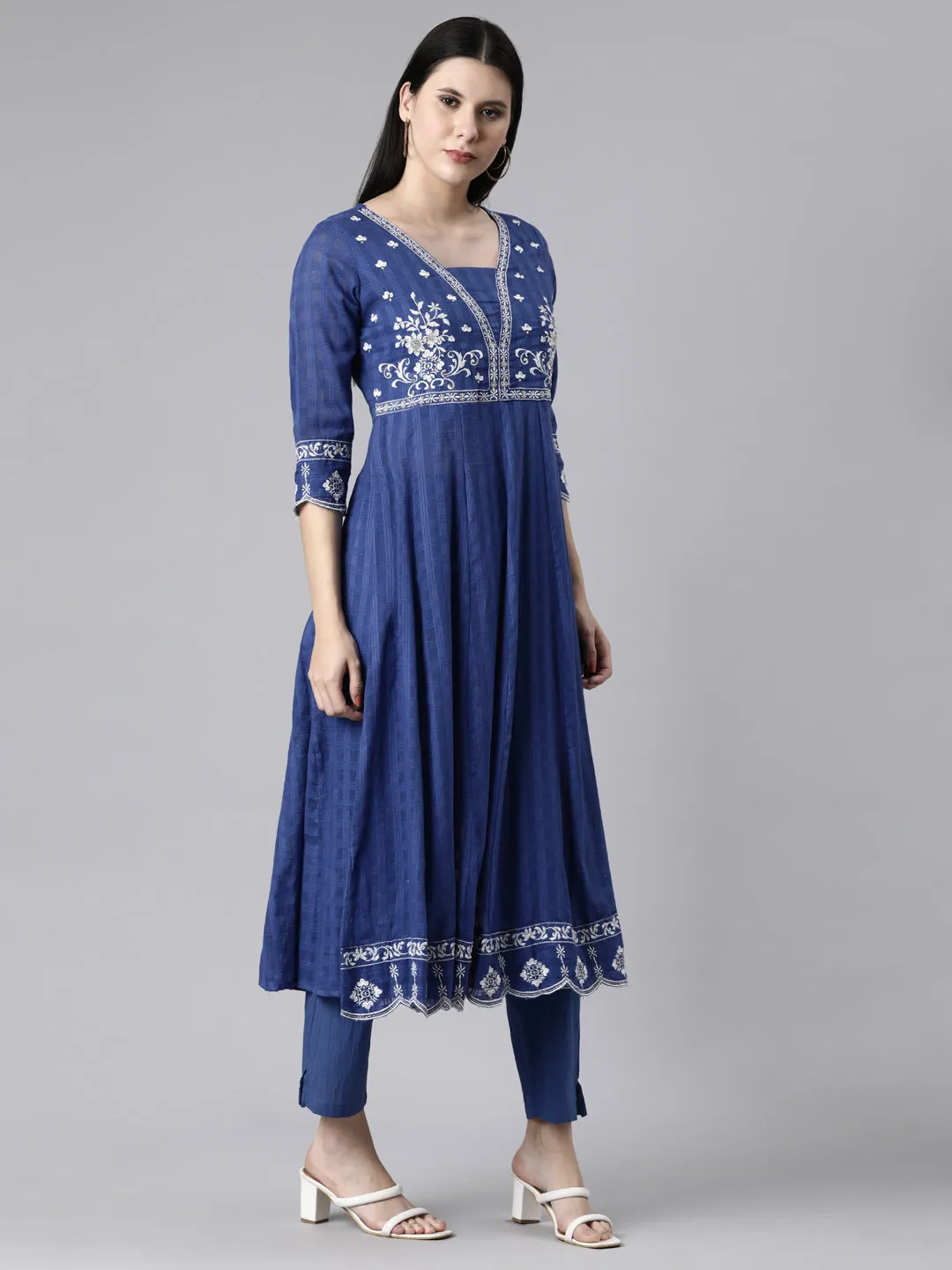 Neerus Blue Casual Solid Anarkali Kurta and Trousers With Dupatta