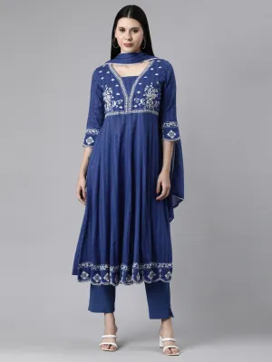 Neerus Blue Casual Solid Anarkali Kurta and Trousers With Dupatta